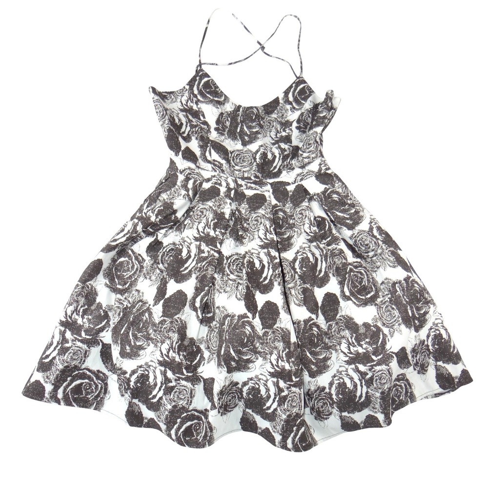 Forever 21 Black White Rose Floral Fit‎ Flare Dress Open Back Spaghetti Strap S